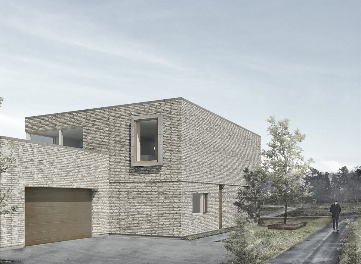 Ankomst til nybygget hus i lys tegl med integreret carport